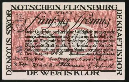 Notgeld Flensburg 1920, 50 Pfennig, Grenzpfahl Deutschland-Dänemark mit Passanten