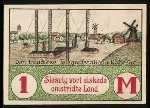 Notgeld Brunde 1920, 1 Mark, Wappen, Valutastigning, Telegrafstation i. Röde Kro.