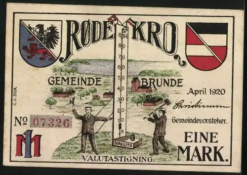 Notgeld Brunde 1920, 1 Mark, Wappen, Valutastigning, Telegrafstation i. Röde Kro.