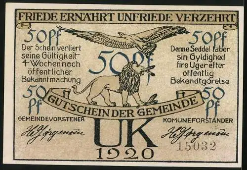Notgeld Uk, 50 Pfennig, Vrneroved Landstring 1220, Löwe und Adler