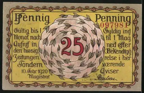 Notgeld Tondern 1920, 25 Pfennig, Plebiscit Slesvig, Guldhornet