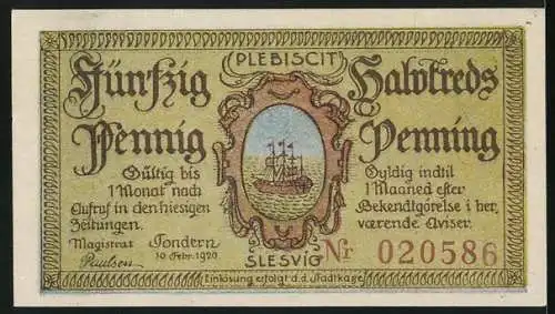 Notgeld Tondern 1920, 50 Pfennig, Plebiscit Slesvig, Segelschiff, Bauer mit Kühen