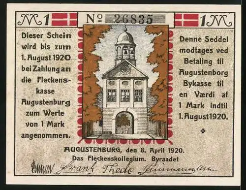Notgeld Augustenburg 1920, 1 Mark, Turm, Dänische Flagge, Glocke