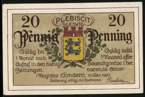 Notgeld Tondern 1920, 20 Pfennig, Plebiscit Slesvig, Wappen, Tod als Gast im weissen Schwan