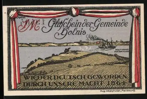 Notgeld Holnis 1920, 1 Mark, Wappen, Ortsansicht mit Schiff, Deutsche National-Banderole