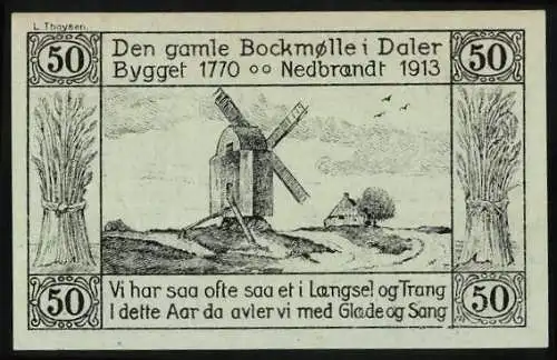 Notgeld Daler 1920, 50 Pfennig, Hissen der dänischen Flagge, Alte Windmühle, Ähren
