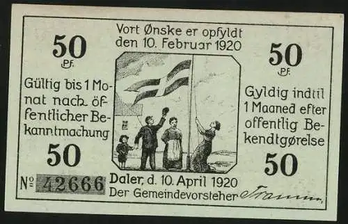 Notgeld Daler 1920, 50 Pfennig, Hissen der dänischen Flagge, Alte Windmühle, Ähren