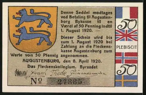 Notgeld Augustenburg 1920, 50 Pfennig, Wappen, Flaggen, Bäume