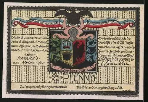 Notgeld Stedesand 1920, 25 Pfennig, Wappen, Bauernhaus