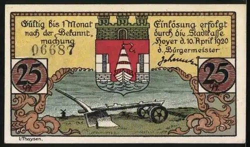 Notgeld Hoyer 1920, 25 Pfennig, Wappen, Kanone und Kriegsschiff, Schleusentor, Fischer, Flundern