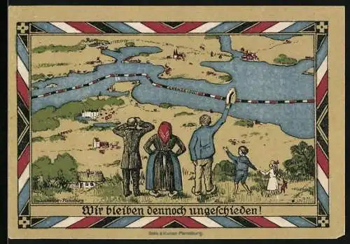 Notgeld Lutzhoeft /Angeln 1920, 1 Mark, Bismarck-Stein und -Eiche, Winkende Einwohner an der Grenze