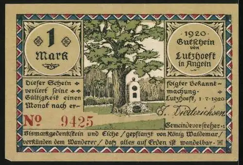 Notgeld Lutzhoeft /Angeln 1920, 1 Mark, Bismarck-Stein und -Eiche, Winkende Einwohner an der Grenze