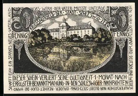 Notgeld Schleswig 1920, 50 Pfennig, Schloss Gottorf, Wappen und Präge-Siegel