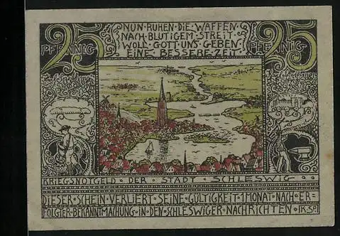 Notgeld Schleswig, 25 Pfennig, Wappen und Präge-Siegel, Ortsansicht, Bauer, Arbeiter