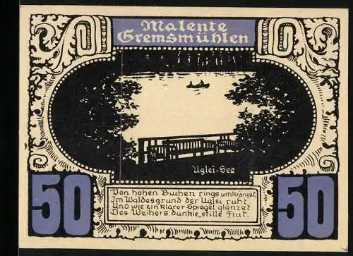 Notgeld Malente-Gremsmühlen, 50 Pfennig, Landkarte und Wappen, Kanzel, Strandkorb Scharbeutz, Uglei-See