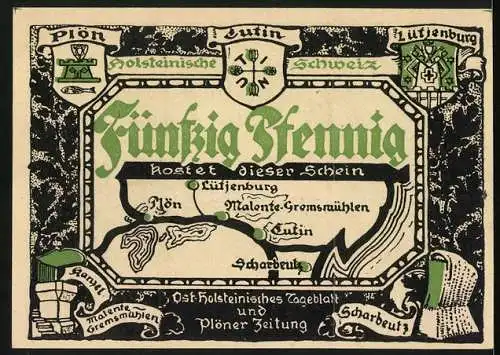 Notgeld Malente-Gremsmühlen, 50 Pfennig, Landkarte und Wappen, Kanzel, StrandkorbScharbeutz, Uglei-See