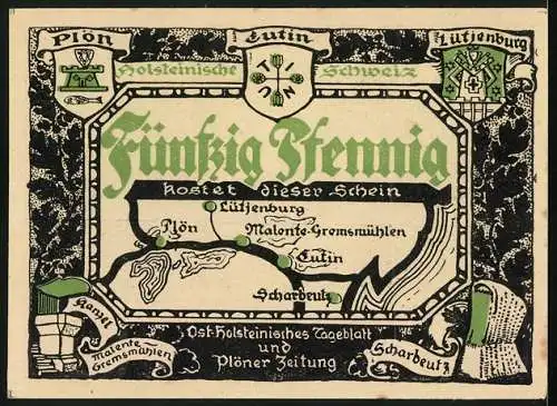 Notgeld Eutin, 50 Pfennig, Landkarte und Wappen, Kanzel Malente-Gremsmühlen, Strandkorb, Tempel im Schlossgarten