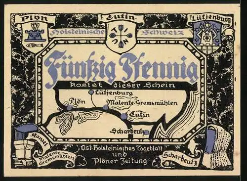 Notgeld Eutin, 50 Pfennig, Landkarte und Wappen, Kanzel Malente-Gremsmühlen, Strandkorb, Tempel im Schlossgarten