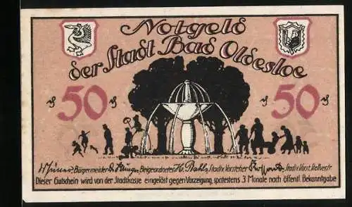 Notgeld Bad Oldesloe, 50 Pfennig, Brunnen und Besucher, Wappen