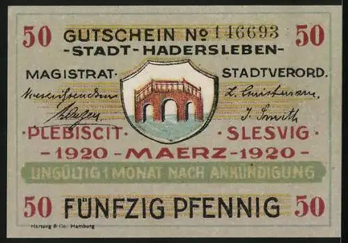 Notgeld Hadersleben 1920, 50 Pfennig, Wappen, Ortsansicht, Dänische Fahne