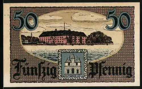 Notgeld Sonderburg 1919, 50 Pfennig, Gebäudeansicht vom Wasser aus, Wappen