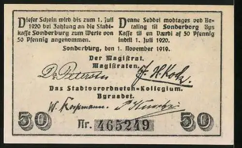 Notgeld Sonderburg 1919, 50 Pfennig, Gebäudeansicht vom Wasser aus, Wappen