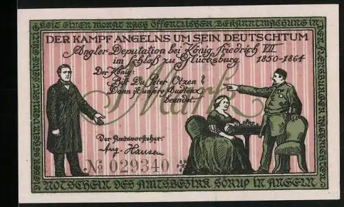 Notgeld Sörup /Angeln, 1 Mark, Angler Deputation bei Friedrich VII., Ortsansicht, Wappen, Fahnen