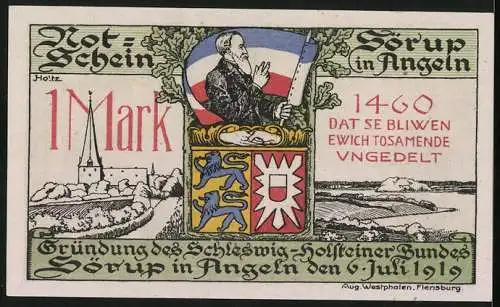 Notgeld Sörup /Angeln, 1 Mark, Angler Deputation bei Friedrich VII., Ortsansicht, Wappen, Fahnen