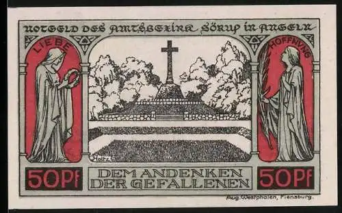 Notgeld Sörup /Angeln 1920, 50 Pfennig, Alleg. Figuren Liebe u. Hoffnung, Kriegerdenkmal, Wappen, Ähren, Eisernens Kreuz