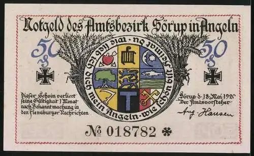 Notgeld Sörup /Angeln 1920, 50 Pfennig, Alleg. Figuren Liebe u. Hoffnung, Kriegerdenkmal, Wappen, Ähren, Eisernens Kreuz