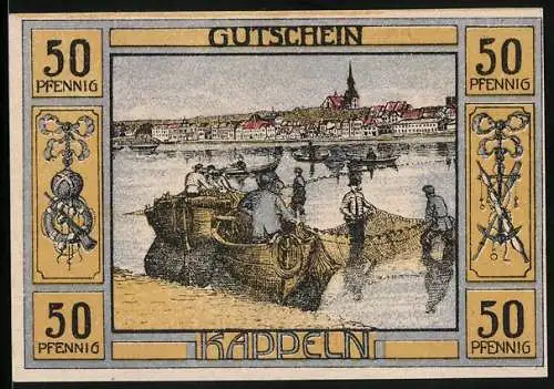 Notgeld Kappeln 1920, 50 Pfennig, Wappen, Ortspanorama mit Fischern