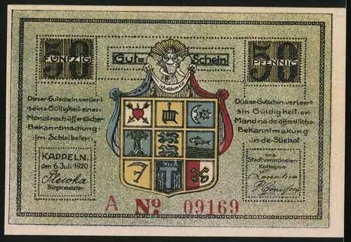 Notgeld Kappeln 1920, 50 Pfennig, Wappen, Ortspanorama mit Fischern