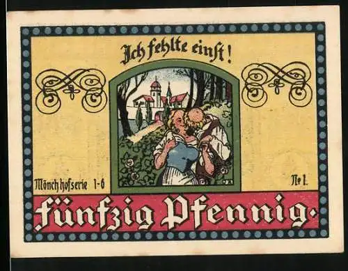 Notgeld Manebach 1921, 50 Pfennig, Ortsansicht vom Elgersburger Wege, Mönch küsst eine Frau