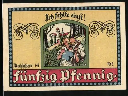 Notgeld Manebach 1921, 50 Pfennig, Ortsansicht vom Elgersburger Wege, Mönch sündigt mit einer Frau
