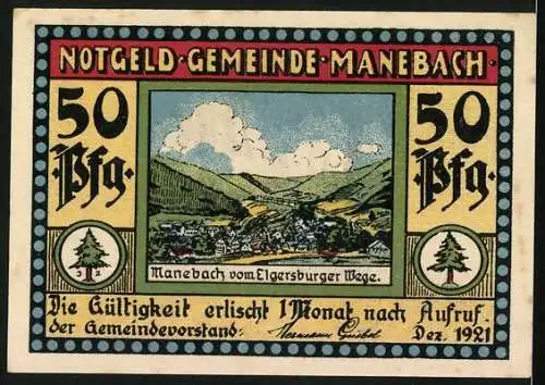 Notgeld Manebach 1921, 50 Pfennig, Ortsansicht vom Elgersburger Wege, Mönch sündigt mit einer Frau