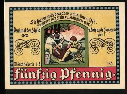 Notgeld Manebach 1921, 50 Pfennig, Ortsansicht und Begräbnis
