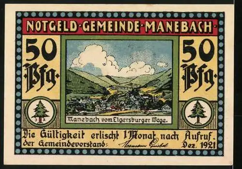 Notgeld Manebach 1921, 50 Pfennig, Ortsansicht und Begräbnis