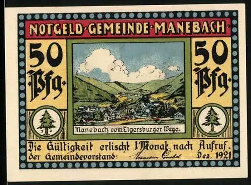 Notgeld Manebach 1921, 50 Pfennig, Ortsansicht und Mönch mit schwerem Stein
