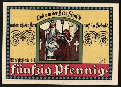 Notgeld Manebach 1921, 50 Pfennig, Ortsansicht und Mönch mit schwerem Stein