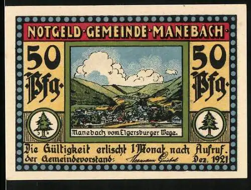 Notgeld Manebach 1921, 50 Pfennig, Ortsansicht, Mönch trägt den Stein über die Berge