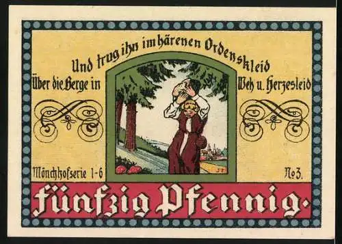 Notgeld Manebach 1921, 50 Pfennig, Ortsansicht, Mönch trägt den Stein über die Berge