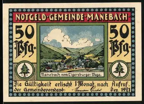 Notgeld Manebach 1921, 50 Pfennig, Ortsansicht, Mönch trägt den Stein