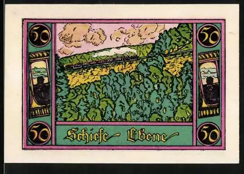 Notgeld Marktschorgast 1921, 50 Pfennig, Schiefe Ebene mit Eisenbahn