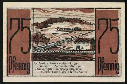 Notgeld Medebach 1921, 75 Pfennig, Gesamtansicht über Felder Eisenbahn