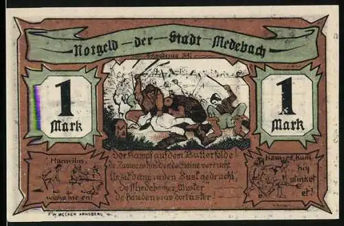 Notgeld Medebach 1921, 1 Mark, Der Kampf auf dem Butterfelde, Strohgedecktes Haus