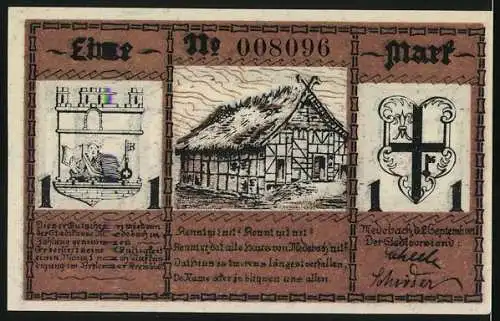 Notgeld Medebach 1921, 1 Mark, Der Kampf auf dem Butterfelde, Strohgedecktes Haus
