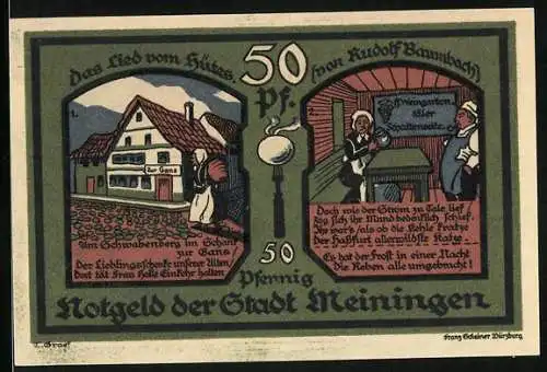 Notgeld Meiningen 1921, 50 Pfennig, Gasthaus Zur Gans mit Innenansicht