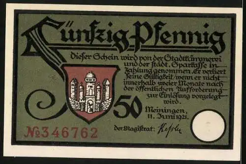 Notgeld Meiningen 1921, 50 Pfennig, Gasthaus Zur Gans mit Innenansicht