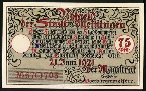 Notgeld Meiningen 1921, 75 Pfennig, Das Untere Tor