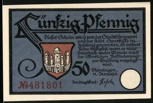 Notgeld Meiningen 1921, 50 Pfennig, Frau Holle übergibt ihr Rezept, die Kartoffelklösse werden serviert